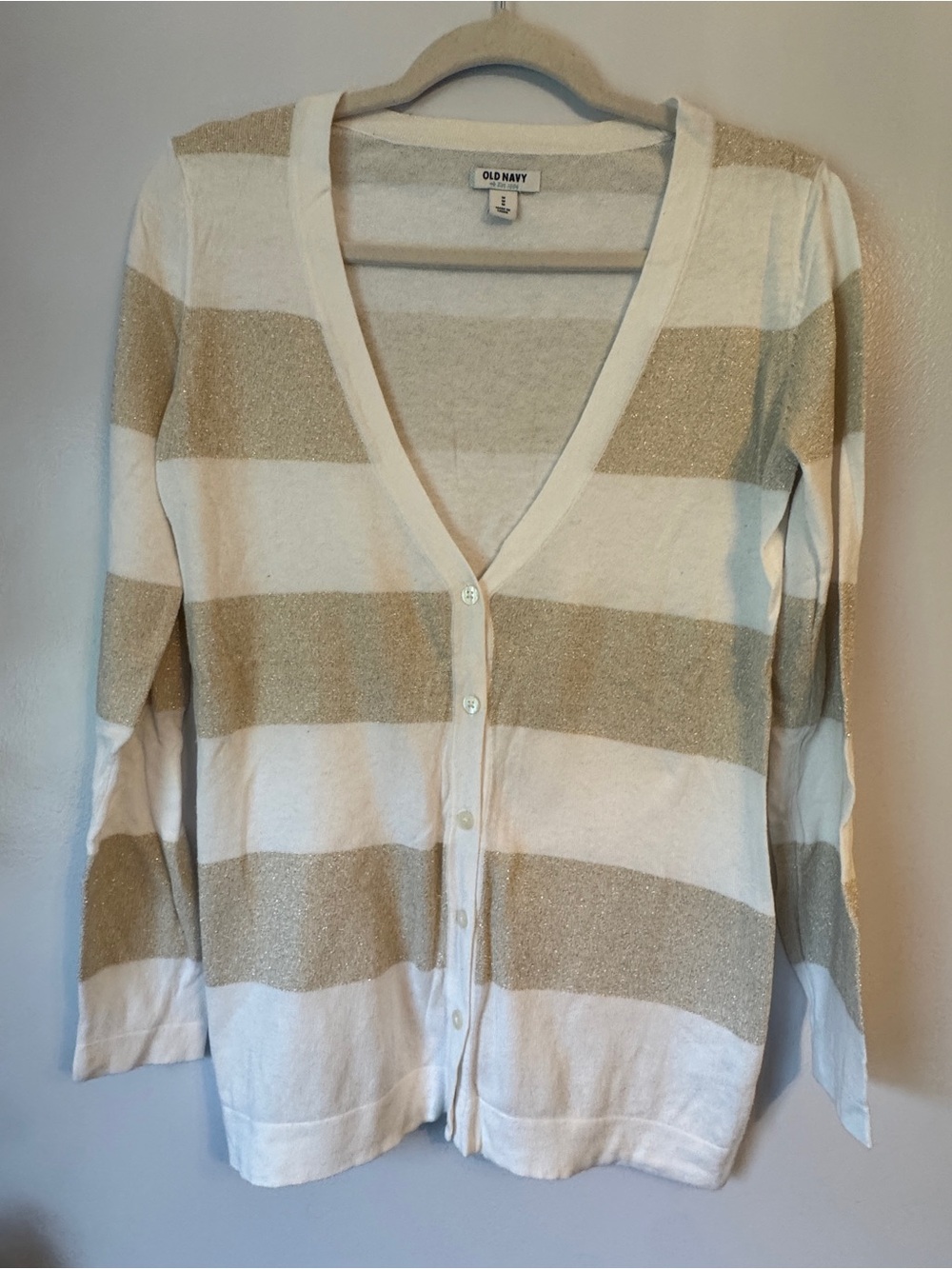 Old Navy Cream and Gold-Striped V-Neck Cardigan